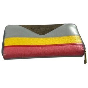 FOSSIL EMMA CORRAL PINK YELLOW GRAY STRIPE LEATHER ZIP AROUND WALLET